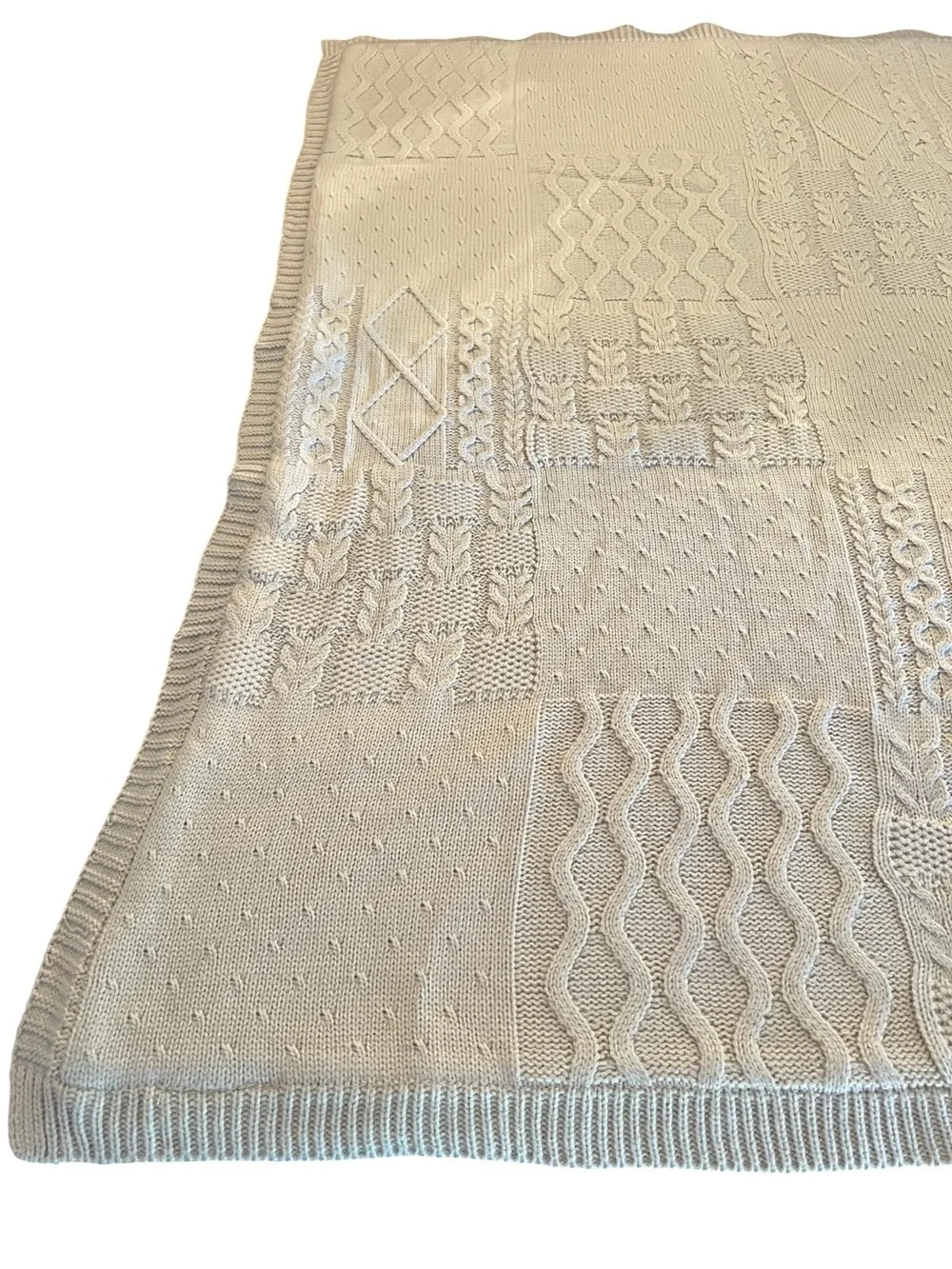 Pottery Barn Kids Tan Patchwork Cable Heirloom Sheep Baby Blanket